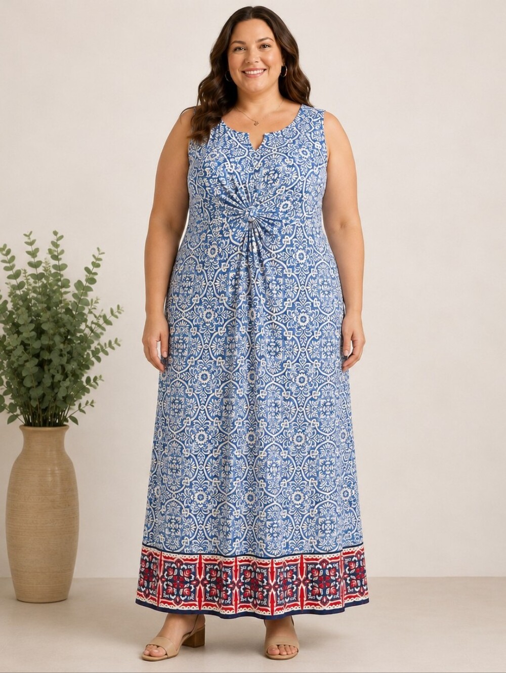 Catherines 3X Petite Blue Medallion Border Print Maxi Dress A-293